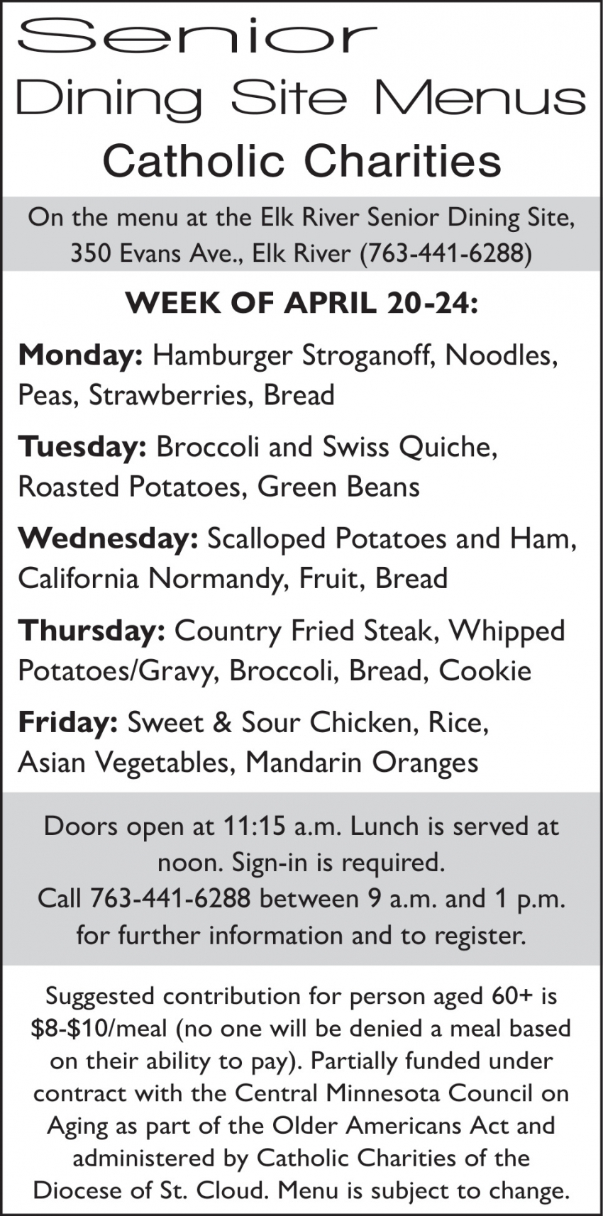 Senior Dining Site Menus Catholic Charities