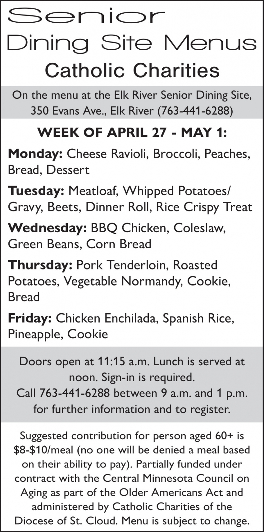 Senior Dining Site Menus Catholic Charities