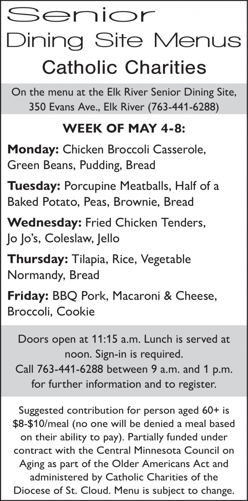 Senior Dining Site Menus Catholic Charities