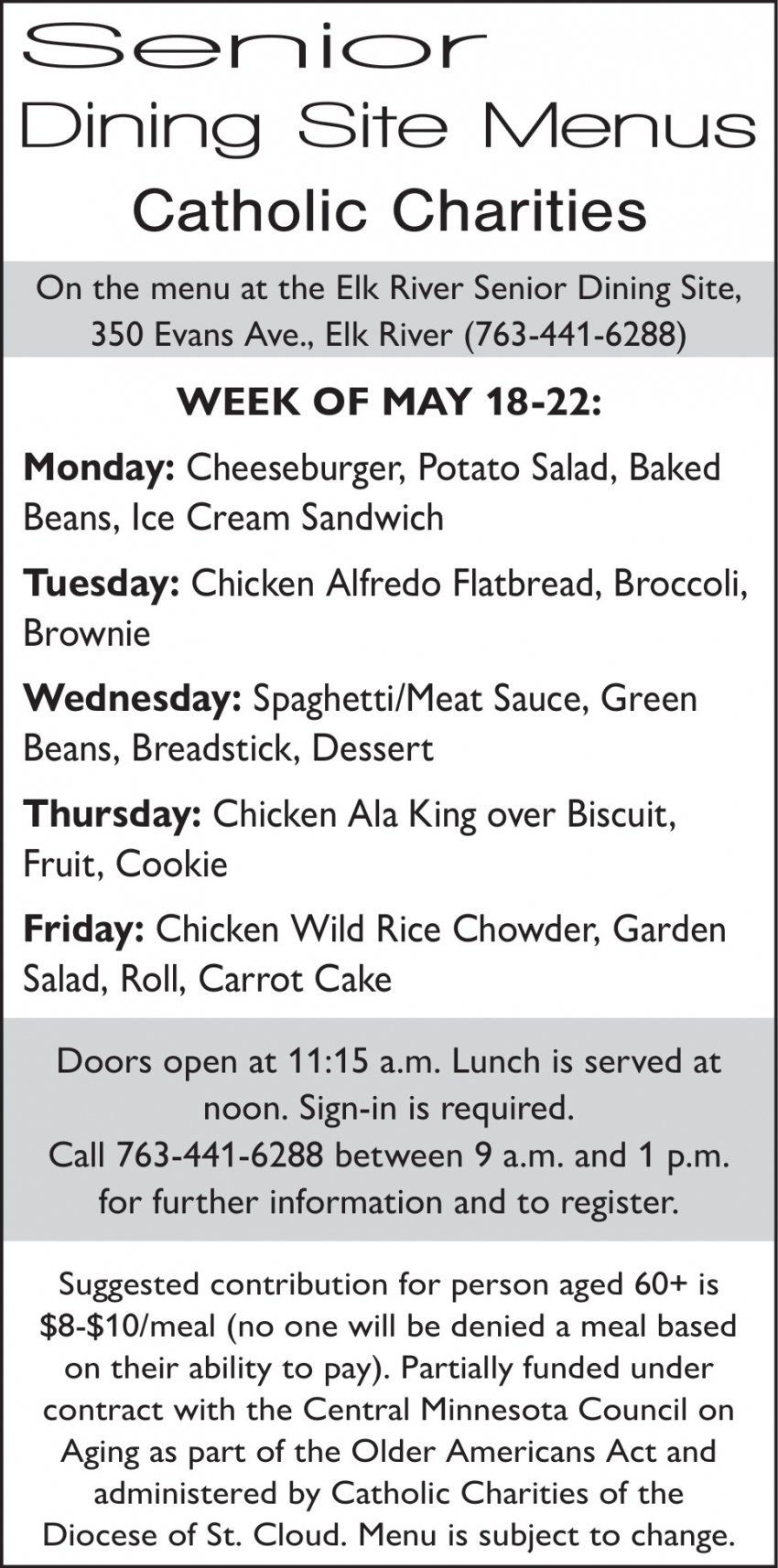 Senior Dining Site Menus Catholic Charities