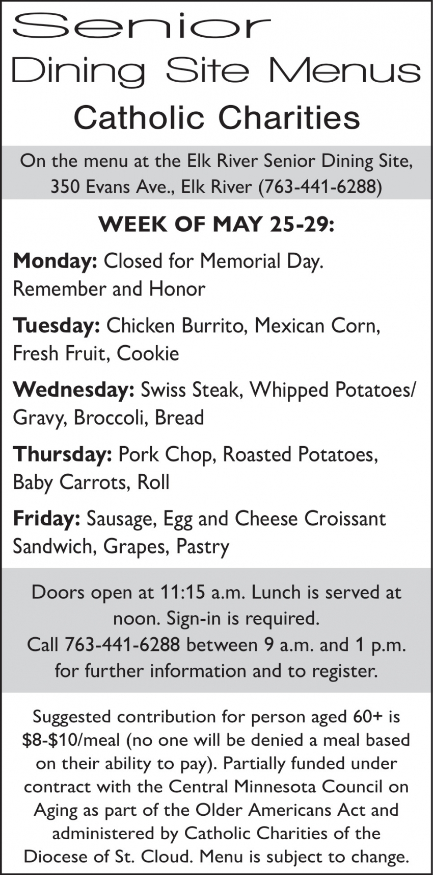Senior Dining Site Menus Catholic Charities