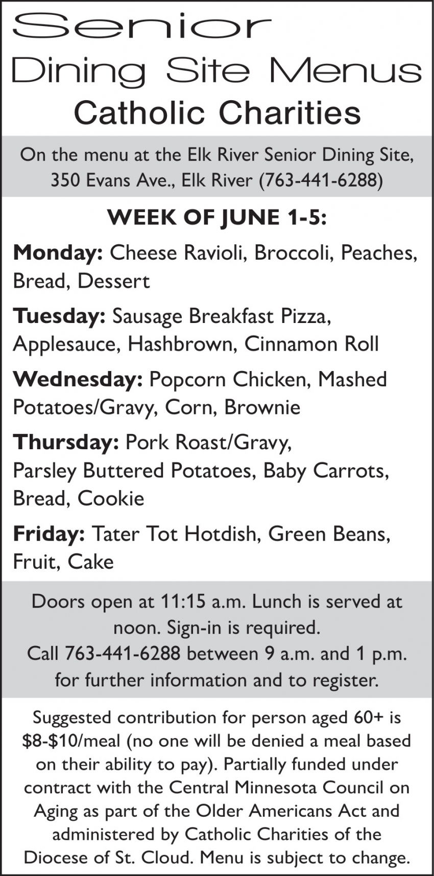 Senior Dining Site Menus Catholic Charities