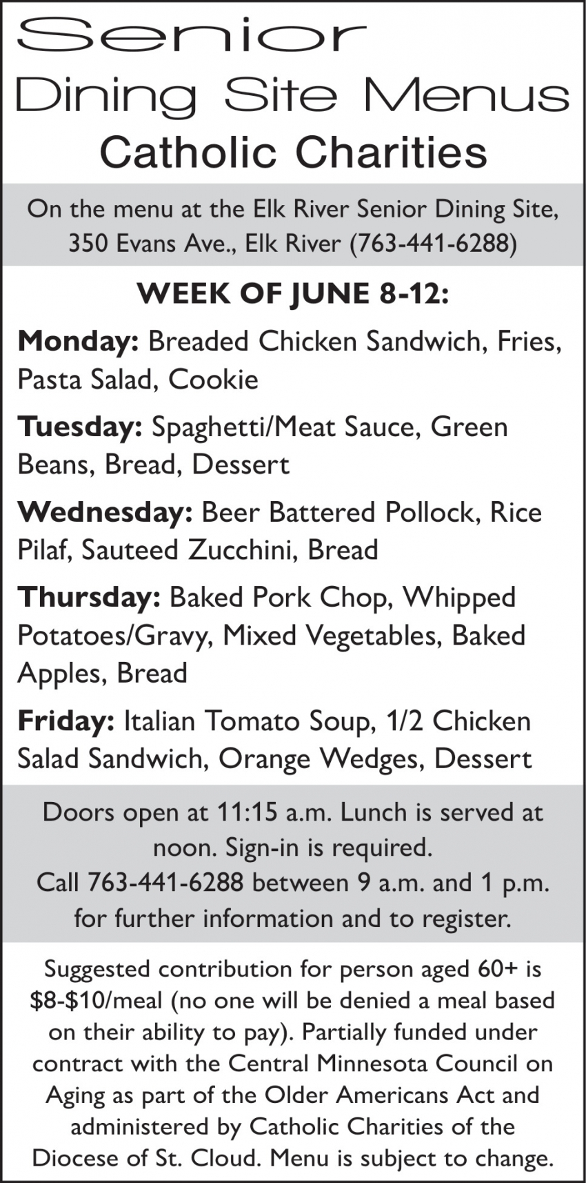 Senior Dining Site Menus Catholic Charities