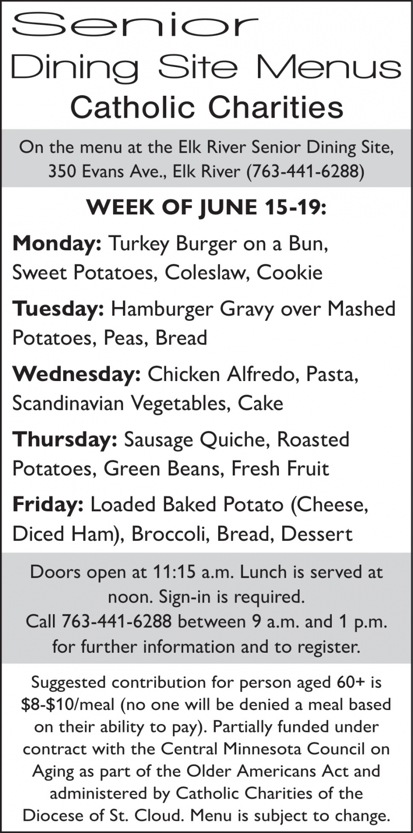 Senior Dining Site Menus Catholic Charities
