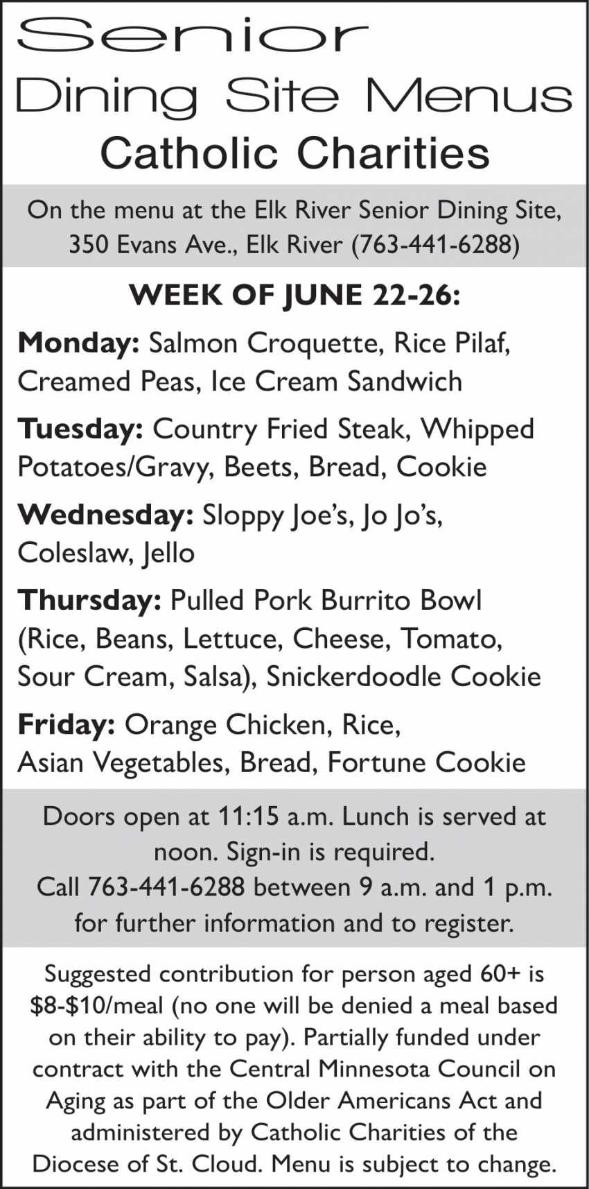 Senior Dining Site Menus Catholic Charities