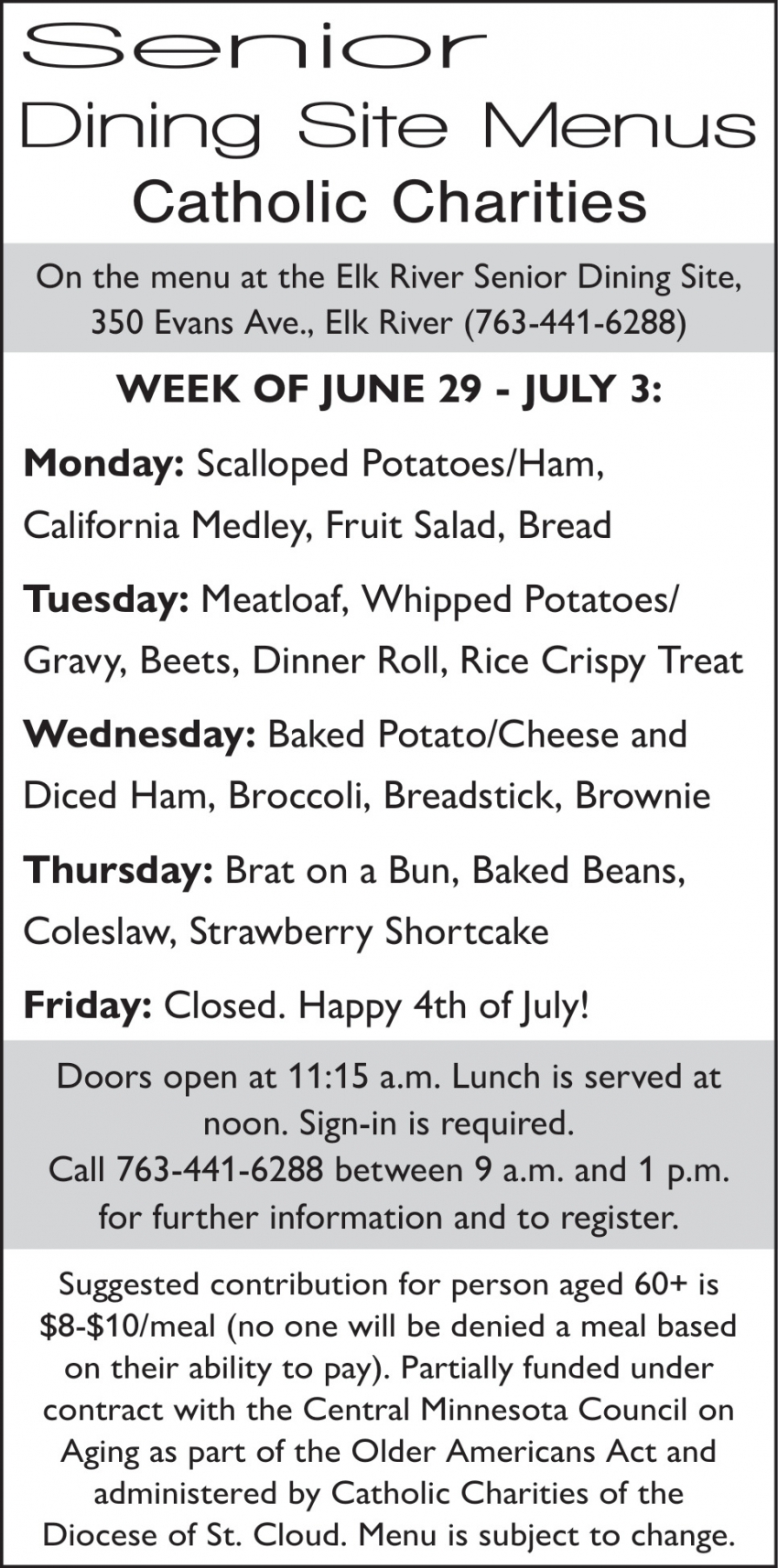 Senior Dining Site Menus Catholic Charities