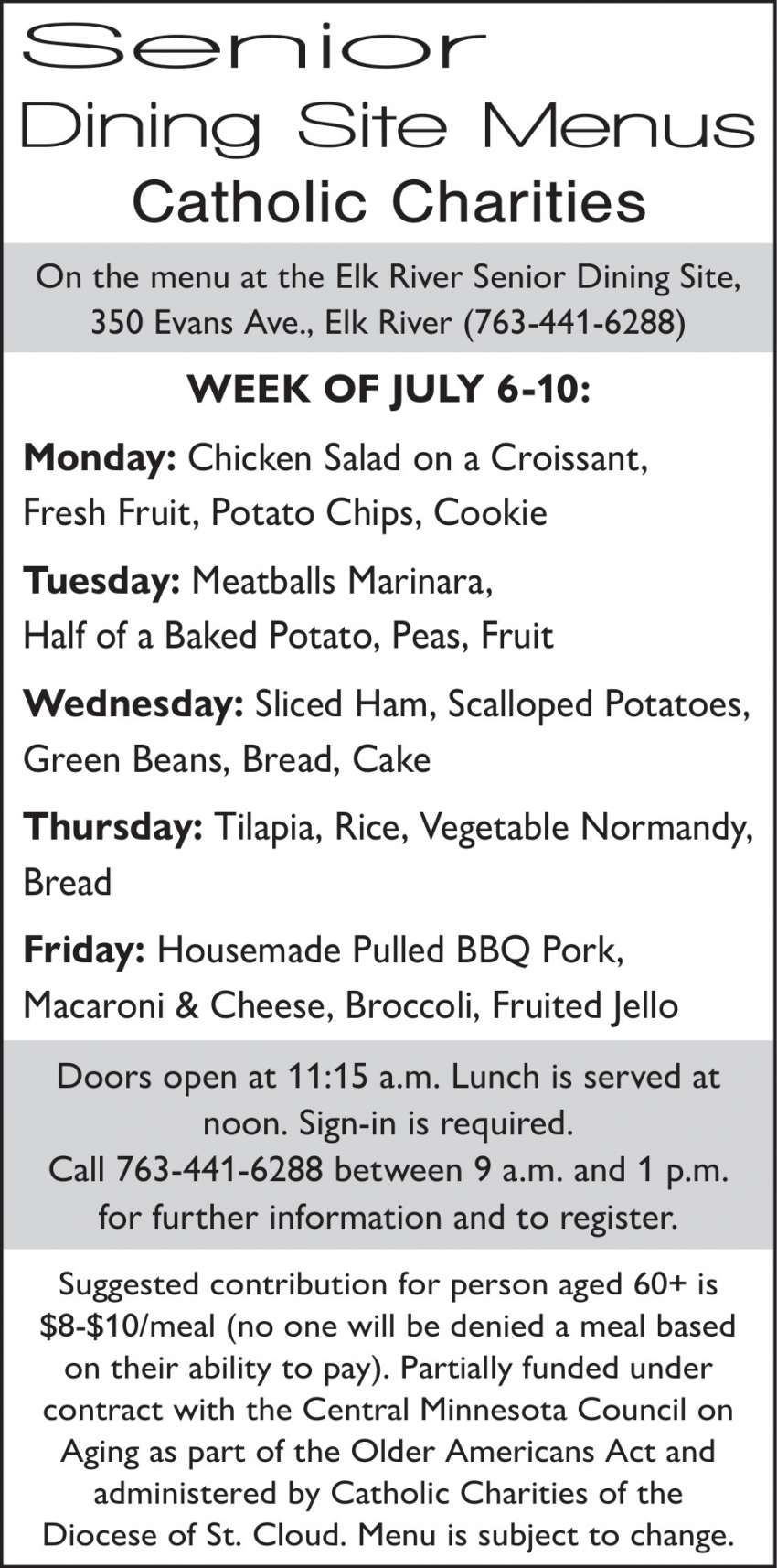 Senior Dining Site Menus Catholic Charities