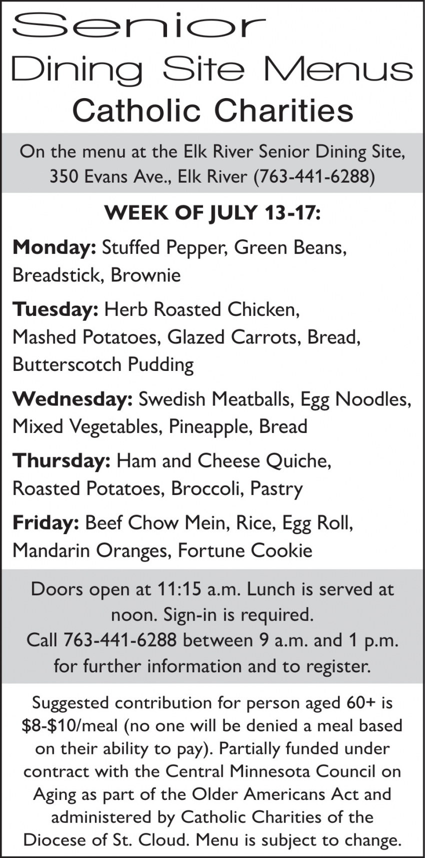 Senior Dining Site Menus Catholic Charities