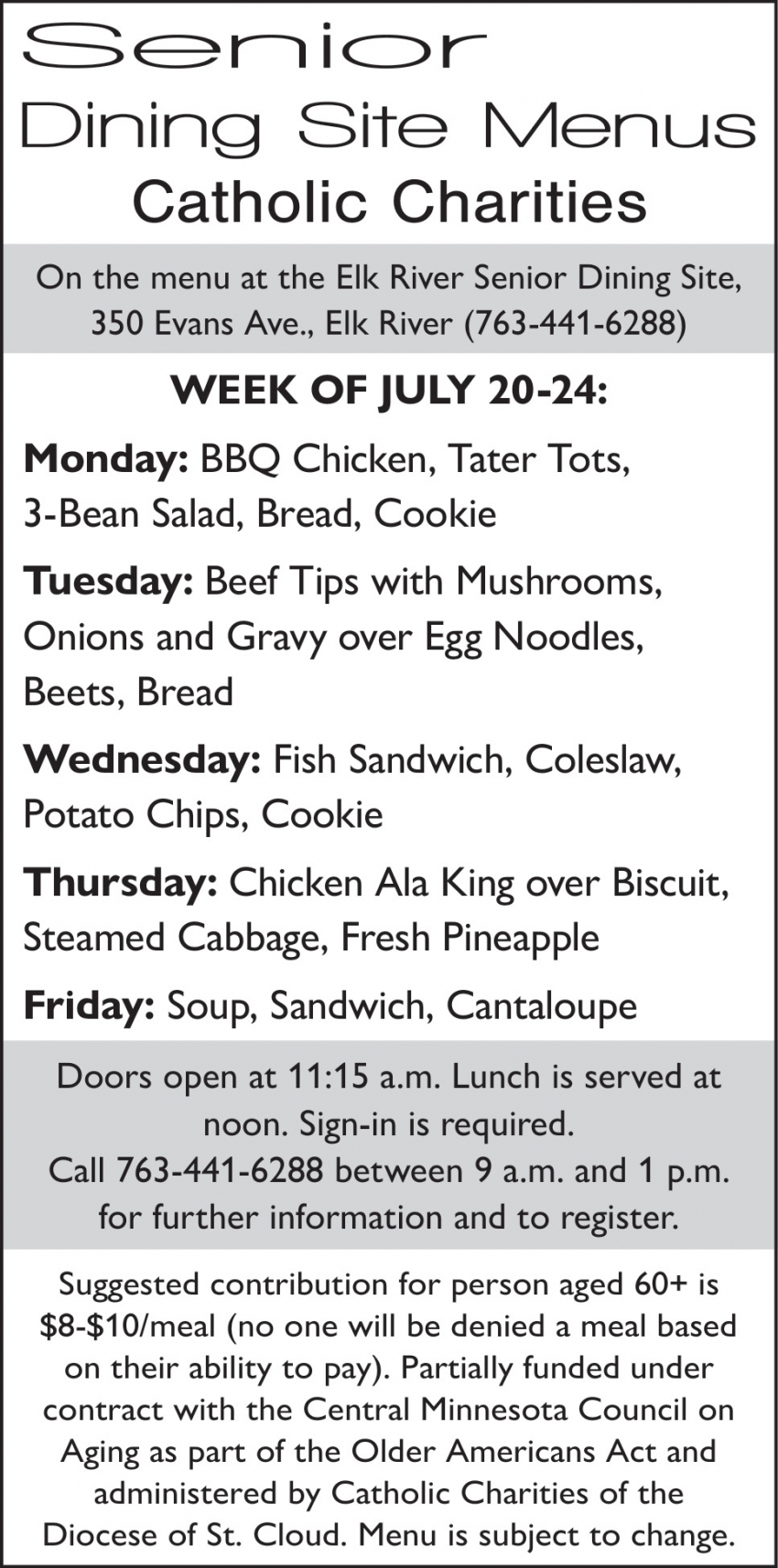 Senior Dining Site Menus Catholic Charities