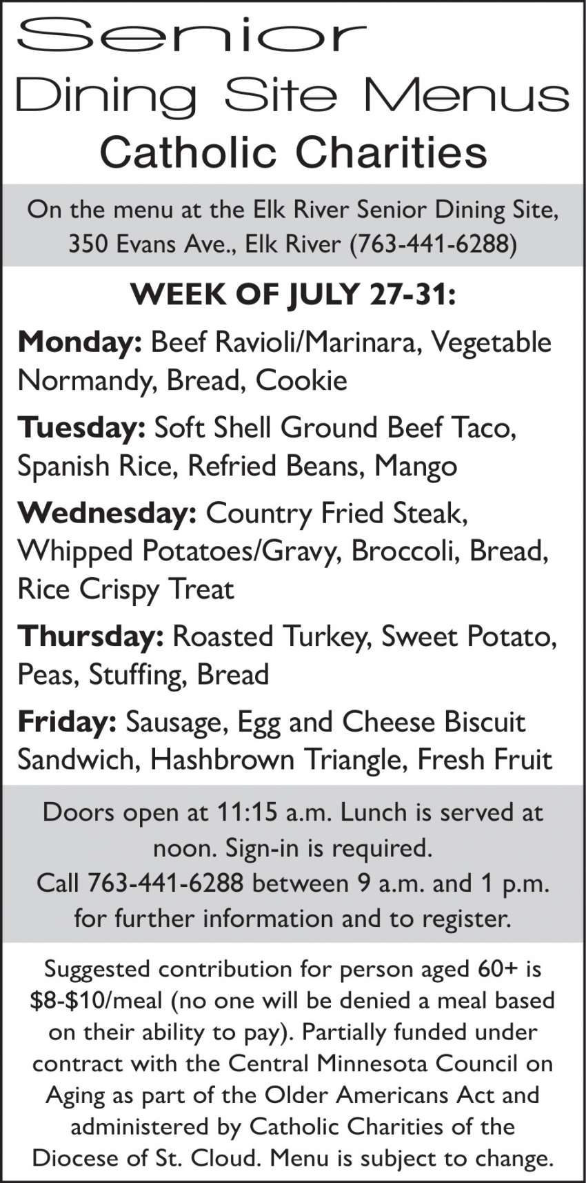 Senior Dining Site Menus Catholic Charities