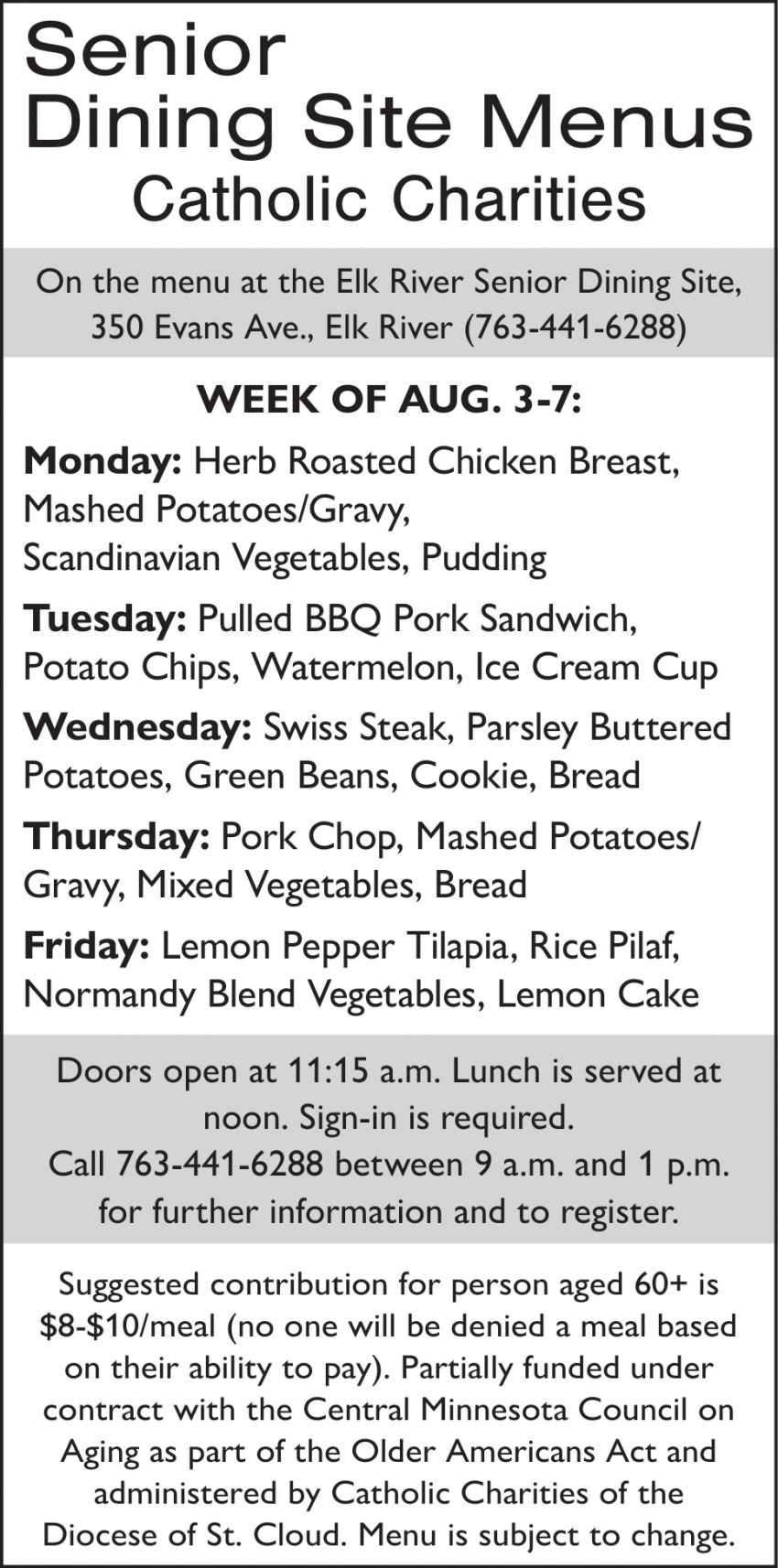 Senior Dining Site Menus Catholic Charities