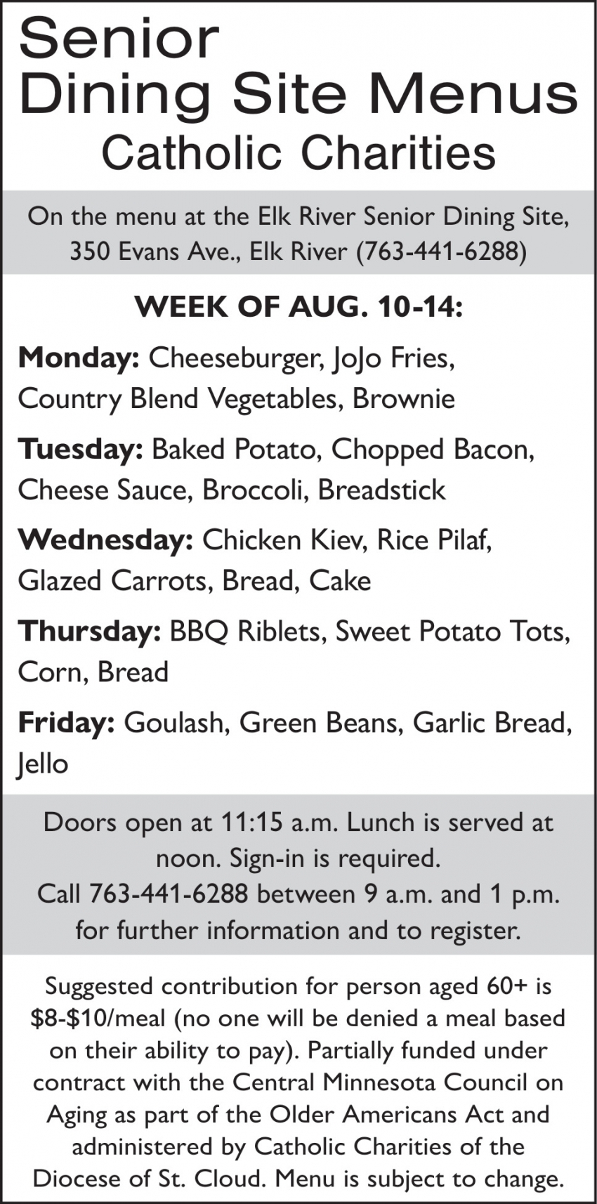 Senior Dining Site Menus Catholic Charities