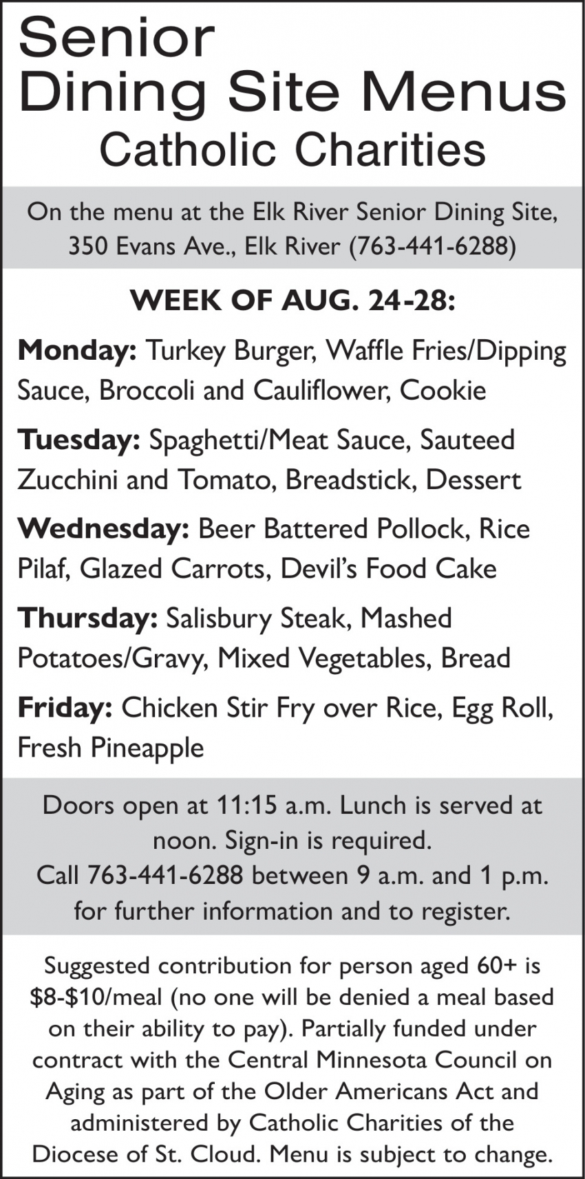 Senior Dining Site Menus Catholic Charities