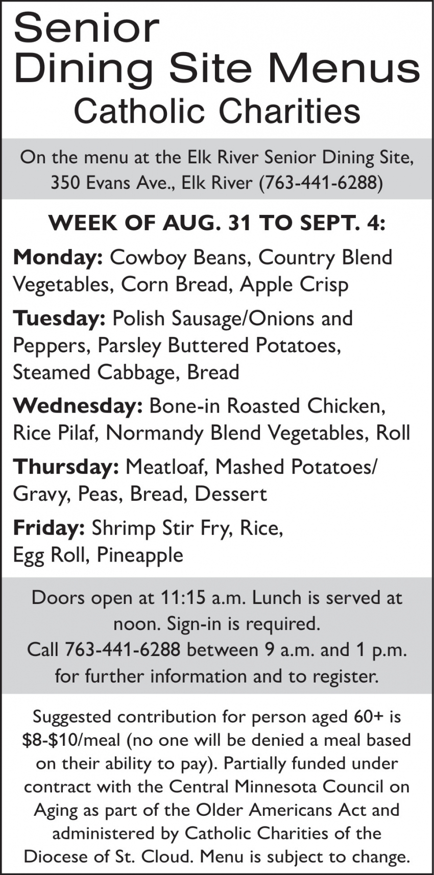 Senior Dining Site Menus Catholic Charities