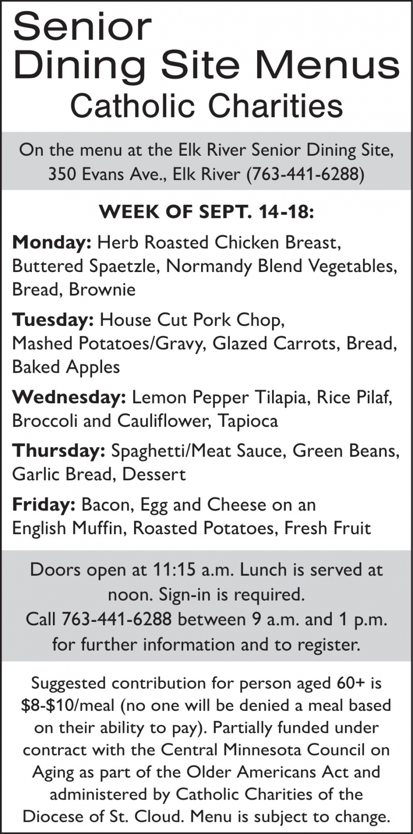 Senior Dining Site Menus Catholic Charities