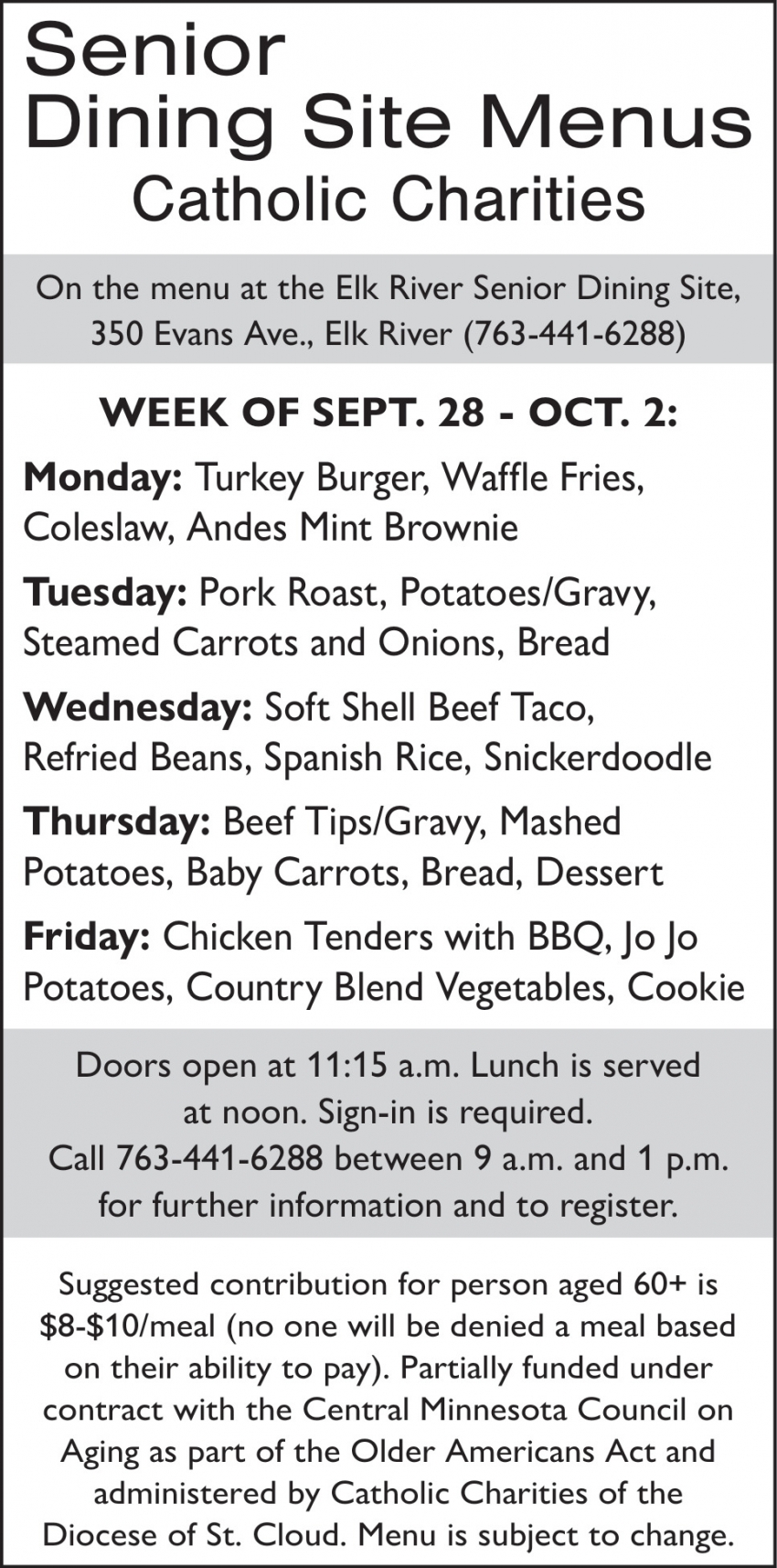 Senior Dining Site Menus Catholic Charities