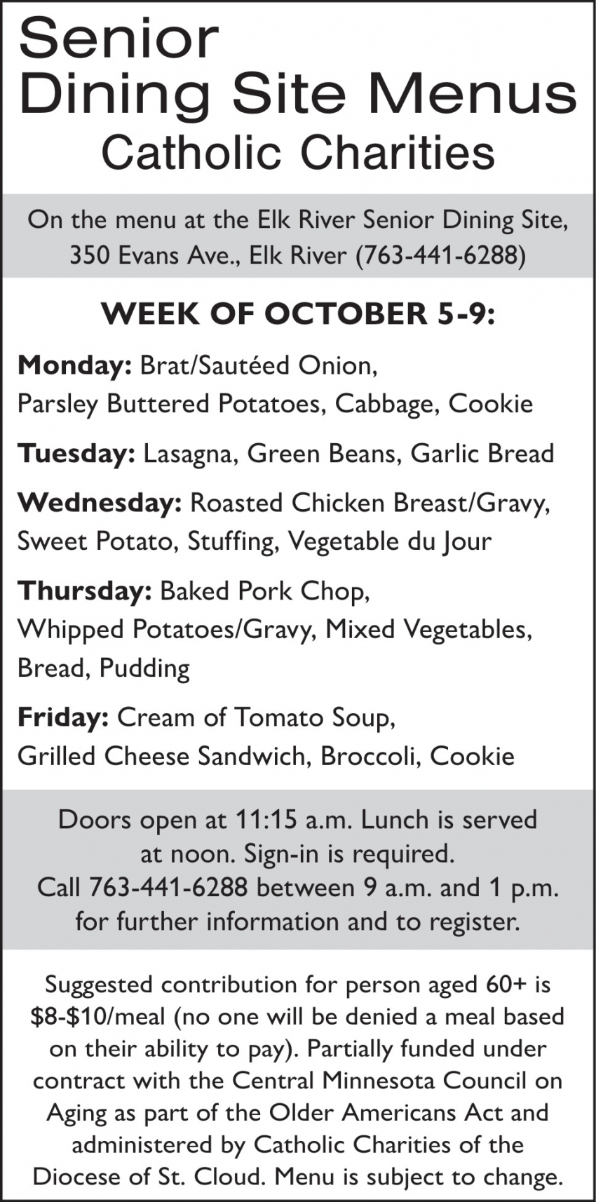 Senior Dining Site Menus Catholic Charities