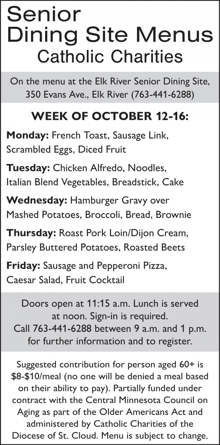 Senior Dining Site Menus Catholic Charities