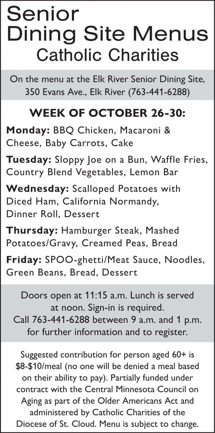 Senior Dining Site Menus Catholic Charities