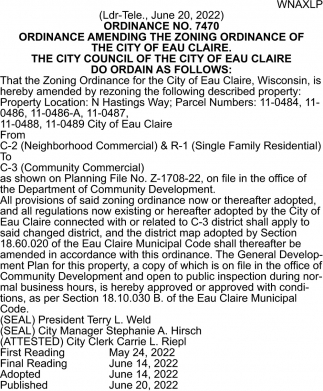 Ordinance Amending the Zoning Ordinance of the City of Eau Claire
