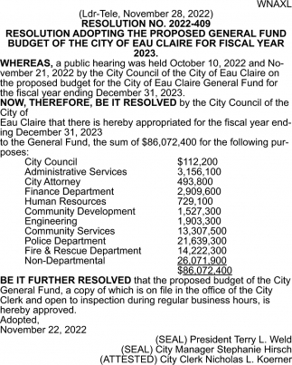Resolution Adopting the Proposed General Fund Budget of The City of Eau Claire