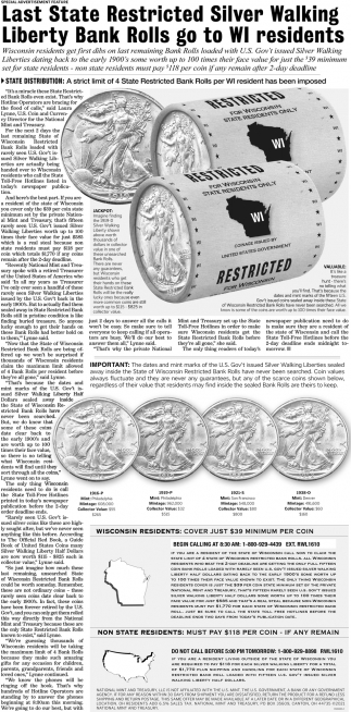 Last State Restricted Silver Walking Liberty Bank Rolls Go To WI Residents