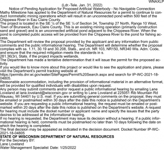 Notice of Pending Application for Proposed Artificial Waterbody