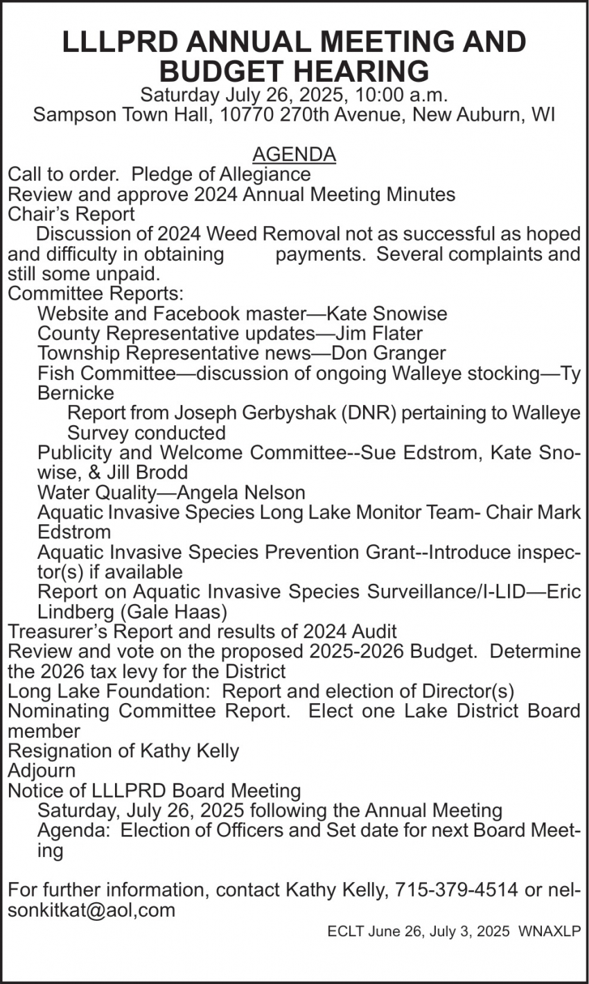 Kathy Kelly - LLLPRD Board Meeting and Budget Hearing (July 26, 2025)