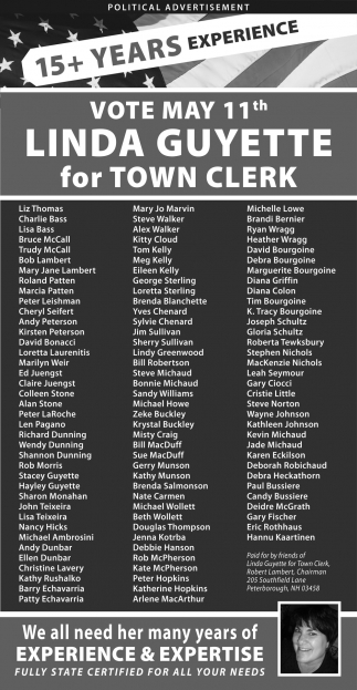 Vote May 11th Linda Guyette For Town Clerk