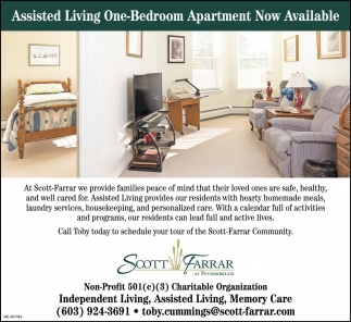 Assisted Living One Bedroom Apartment Now Available