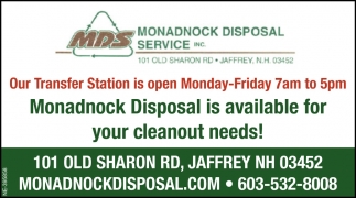 Our Transfer Station is Open Monday-Friday 7am to 5pm