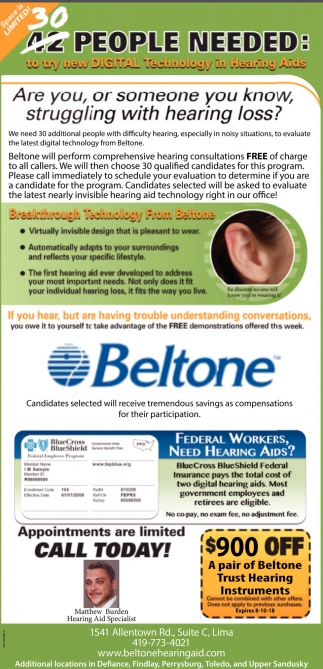 30 People Needed, Beltone Hearing Care Center, Lima, OH