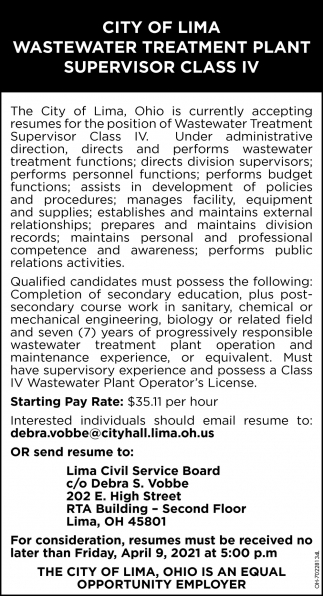Watewater Treatment Plant Supervisor Class IV