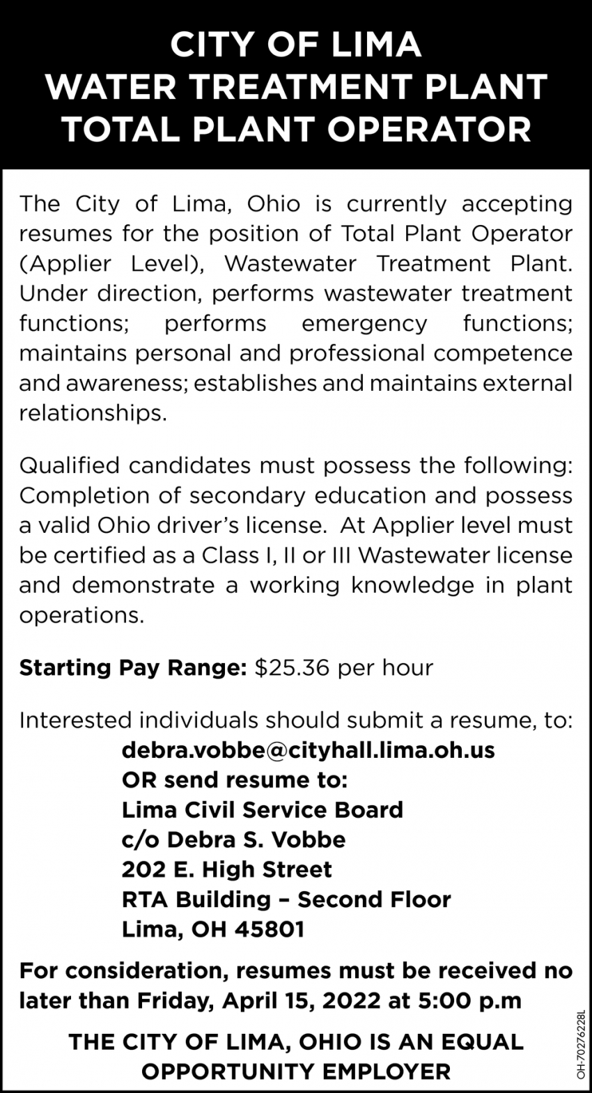 Water Treatment Plant Total Plant Operator