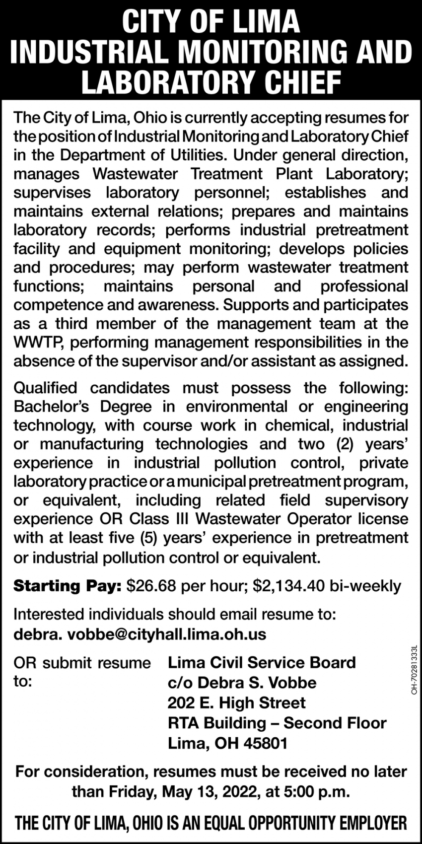 Industrial Monitoring and Laboratory Chief