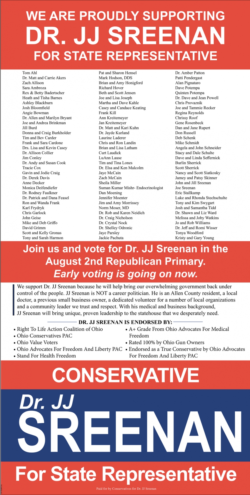 We Are Proudly Supporting Dr. JJ Sreenan For State Representative