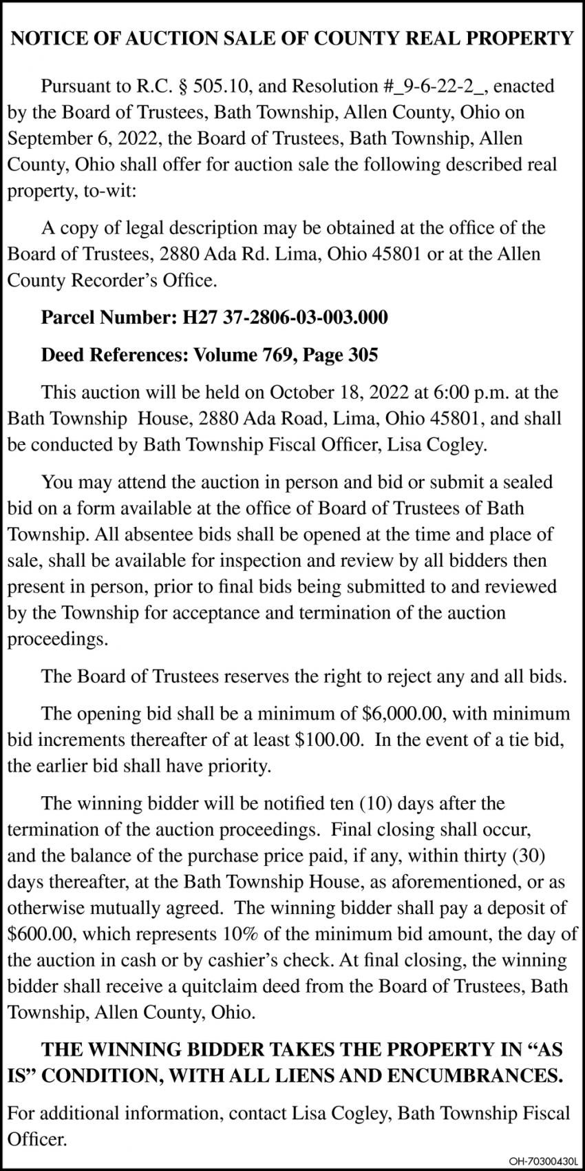 Notice of Auction Sale of County Real Property