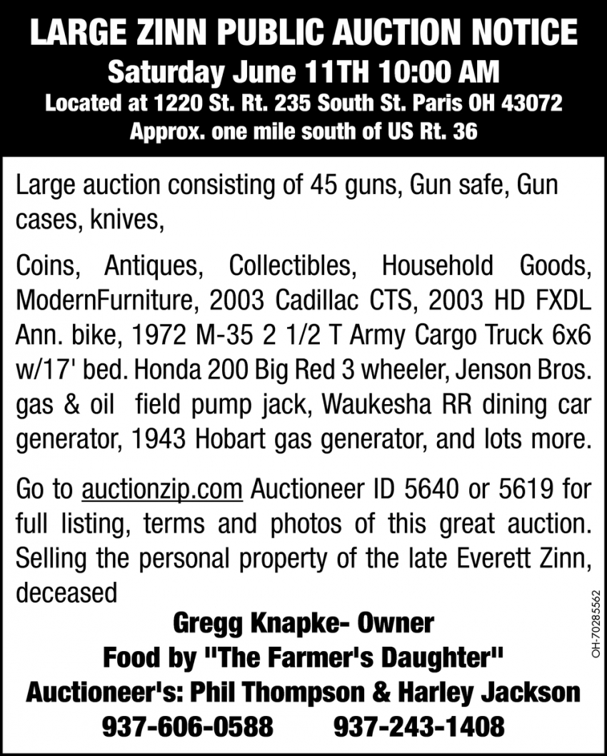Large Zinn Public Auction notice