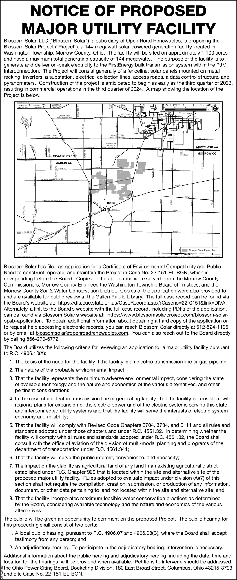 Notice of Proposed Major Utility Facility