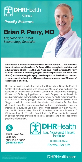 DHR Health Clinics Proudly Welcomes Brian P. Perry, MD, DHR Health,  Mcallen, TX