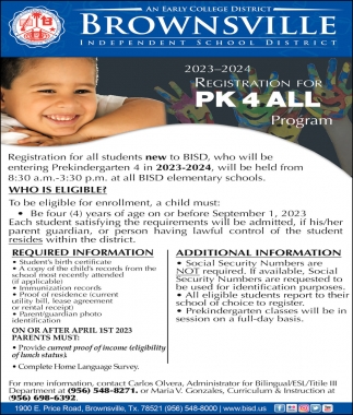 Registration For PK 4 ALL Program