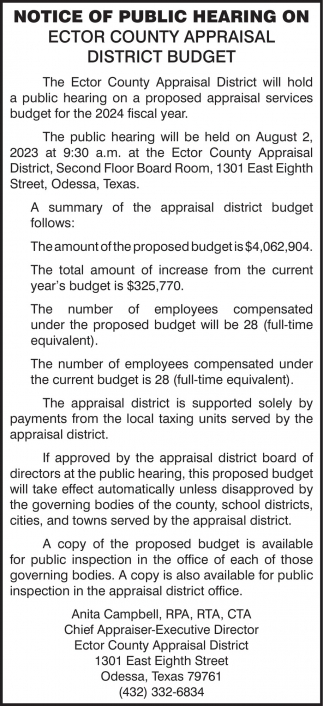 Notice of Public Hearing, Ector County Appraisal District, Odessa, TX