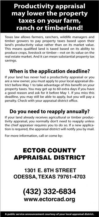 Productivity Appraisal May Lower the Property Taxes On Your Farm, Ranch or Timberland!