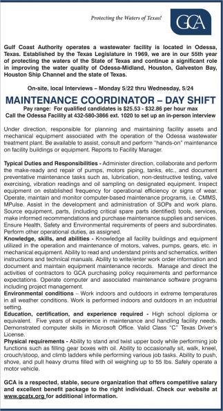 Maintenance Coordinator - Day Shift