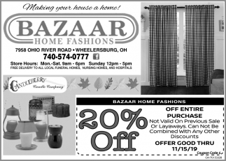 25 Off Entire Purchase Bazaar Home Fashions Wheelersburg OH   1829 