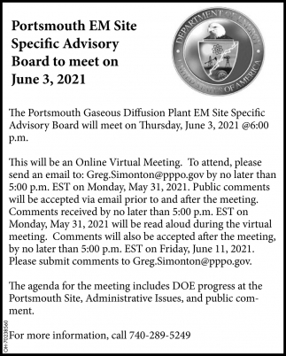 Portsmouth EM Site Specific Advisory Board To Meet