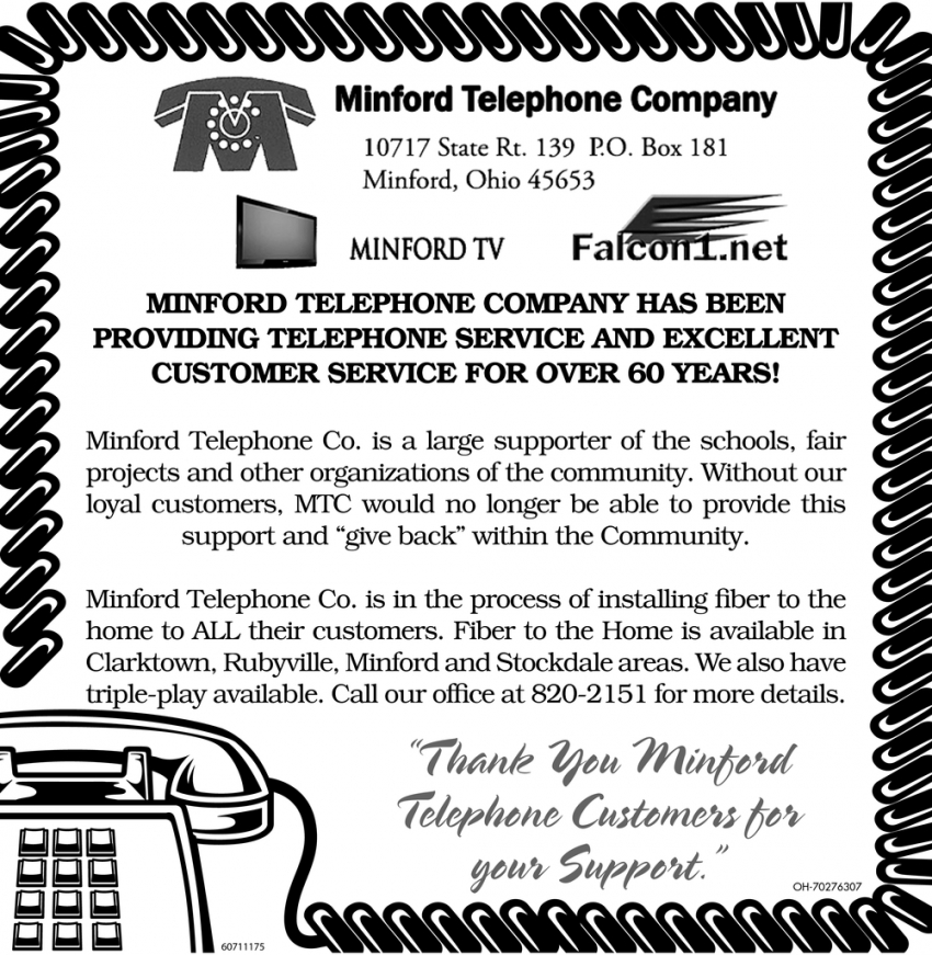 Minford Telephone Company Has Been Providing Telephone Service and Excellent Customer Service for Over 60 Years
