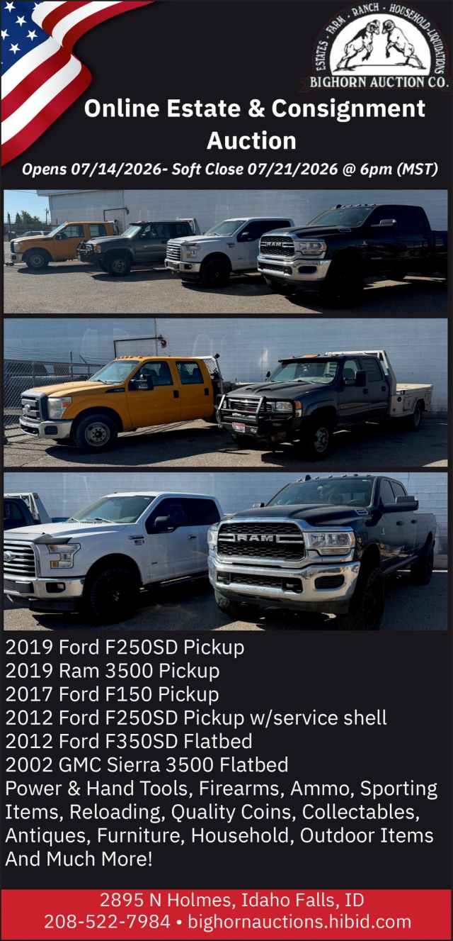 Online Auction, Bighorn Auction Co, Idaho Falls, ID