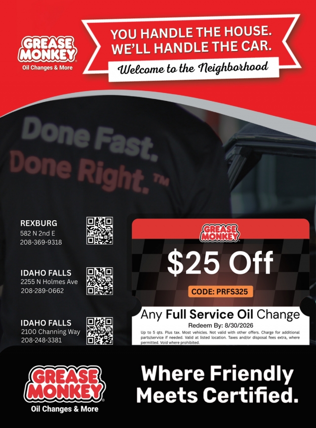 $25 Off Any Full Service Oil Change, Grease Monkey, Rexburg, ID