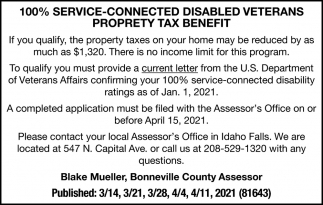 100% Service-Connected Disabled Veterans Property Tax Benefit